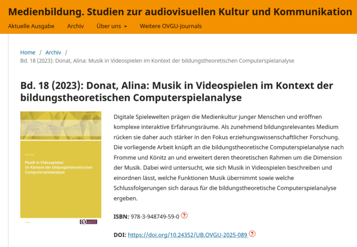 Neu erschienen! "Musik in Videospielen im Kontext der bildungstheoretischen Computerspielanalyse" (2025) von Alina Donat
